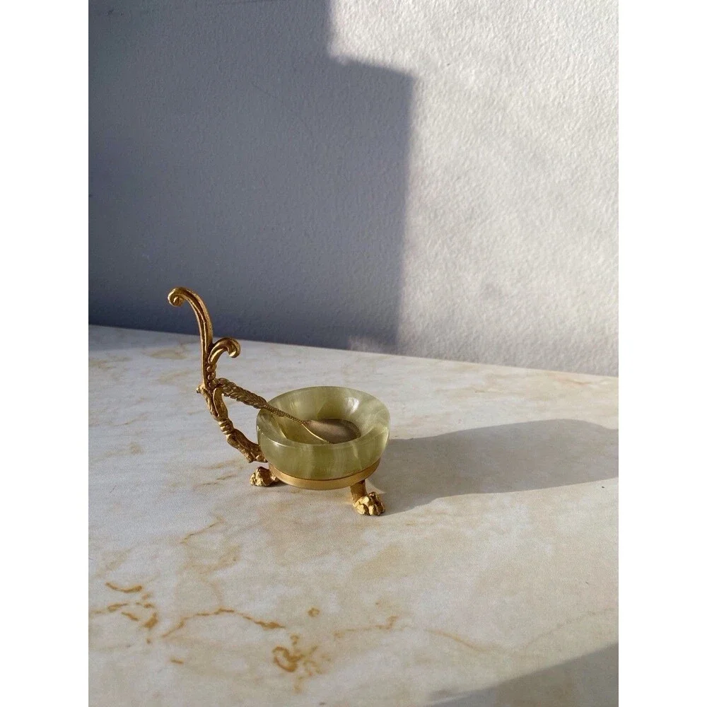 Vintage Green Onyx salt cellar and spoon Lion’s claw feet